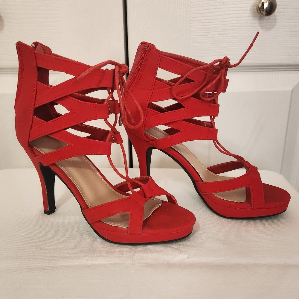 TOP Moda Red Lace-Up Heels - Picture 3 of 5